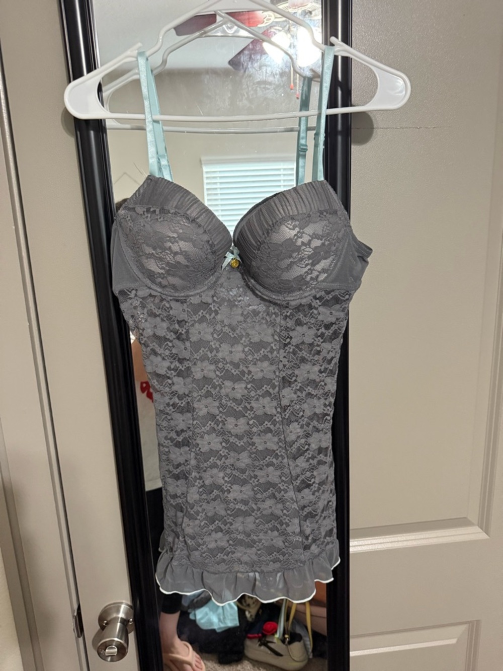 Jessica Simpson Gray Lace Chemise with Mint Straps
